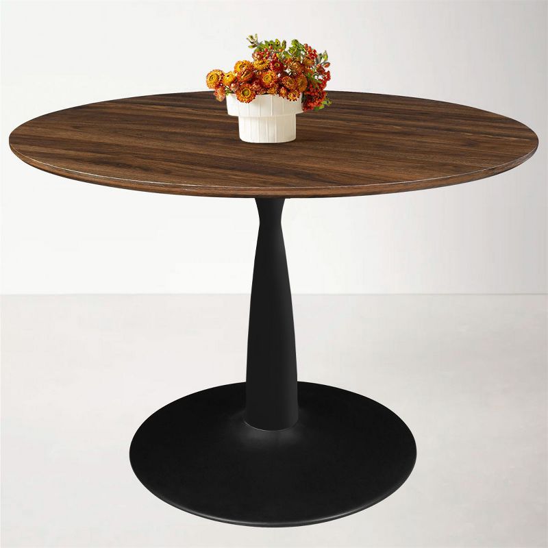 Harold+Bingo 5-Piece Walnut Foil  Round Top Pedestal Dining Table Set with 4 Upholstered Chairs -Maison Boucle‎, 5 of 8