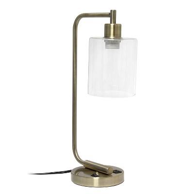 Antique Brass Curved Arm Desk Lamp with Clear Glass Shade