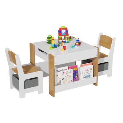 3 In 1 Kids Art Table and Chair Set, with 2 Chairs, Bookshelves, Drawers and Detachable Tabletop, Toddlers Craft Desk for Home Daycare Playroom