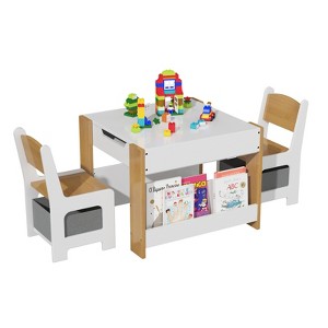 3 In 1 Kids Art Table and Chair Set, with 2 Chairs, Bookshelves, Drawers and Detachable Tabletop, Toddlers Craft Desk for Home Daycare Playroom - 1 of 4