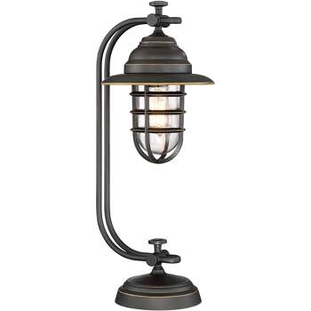 Franklin Iron Works Knox Industrial Desk Lamp 24" High Oil Rubbed Bronze LED Cage Glass Shade for Bedroom Living Room Bedside Nightstand Office House