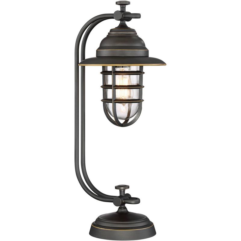 Franklin Iron Works Knox Industrial Desk Lamp 24" High Oil Rubbed Bronze LED Cage Glass Shade for Bedroom Living Room Bedside Nightstand Office House, 1 of 10