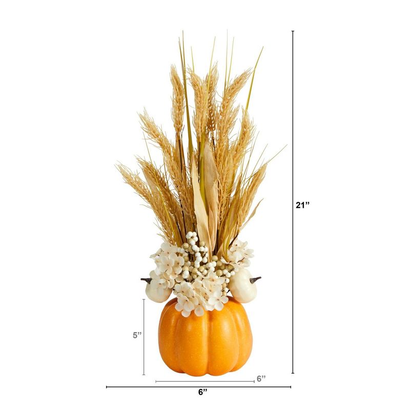 Nearly Natural 21-in Autumn Dried Wheat and Pumpkin Artificial Fall Arrangement in Decorative Pumpkin Vase, 3 of 6