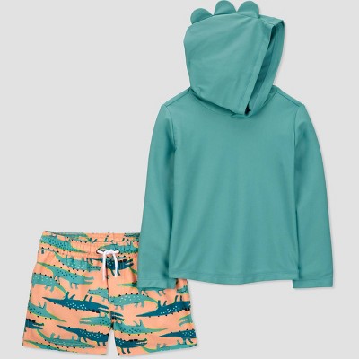 Carter's Just One You®️ Toddler Boys' Long Sleeve Hooded Solid Rash Guard Set - Green/Orange