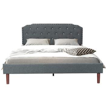 Costway  Upholstered Bed Frame Adjustable Diamond Button Headboard Easy Assembly