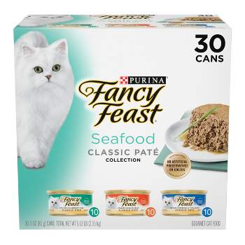 Purina Fancy Feast Classic Paté Gourmet Wet Cat Food Tuna,  Salmon, Fish & Shrimp Collection - 3oz/30ct Variety Pack