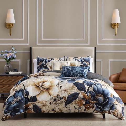 Bebejan English Manor 100% Cotton Sateen 5 Piece Floral Reversible Comforter Set, All Season Bedding Set-Queen