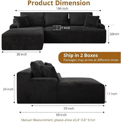 Coucheta 108" L-Shaped Cloud Couch - Boneless No Assembly, Convertible Sleeper, Deep Corduroy Seat, Multiple Colors