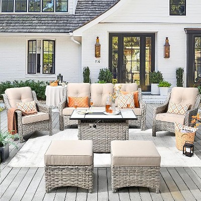 XIZZI 6 Pieces Furniture Set with Fire Pit Table, All Weather Wicker Furniture Set with 3-Seat Sofa and Ottomans, Rattan Conversation Set