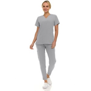 Saint Scrubs Womens 9-Pocket Medical Uniform Set- V-Neck Stretch Top with Tapered Straight Leg Pants - 1 of 4