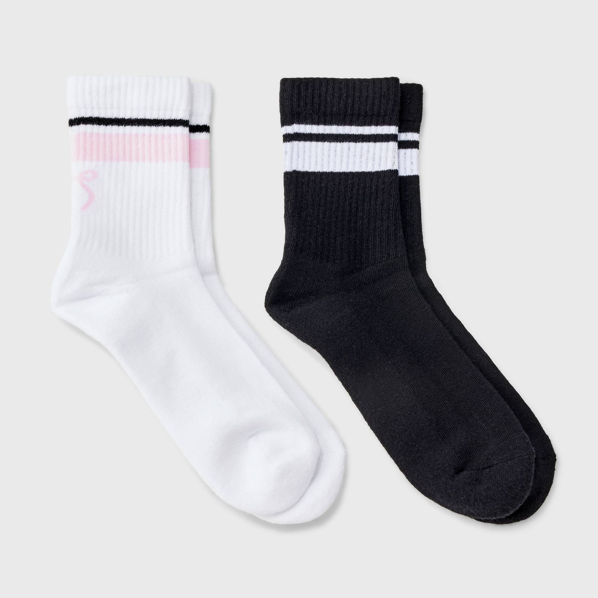 Women's Bow Cushioned Ribbed 2pk Mid Crew Socks - White/Black/Pink 4-10