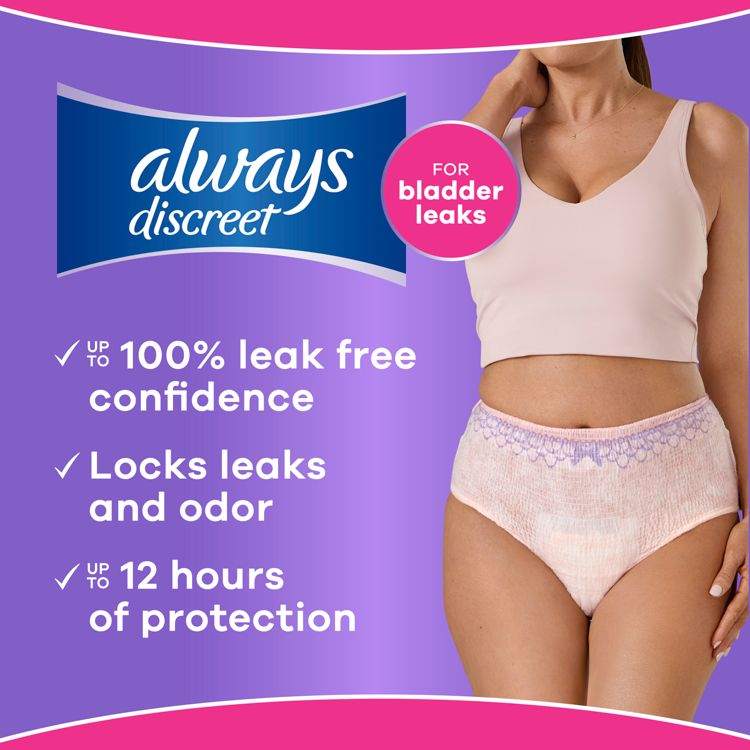 Always Discreet branded packaging showing a woman wearing pink colored incontinence underwear, with a badge reading "for bladder leaks" and text touting up to 12 hours of protection and 100% leak-free confidence.