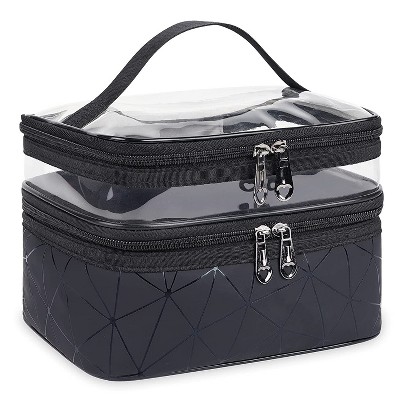 Makeup Bag Cosmetic Bag Travelling Double Layer Make Up Bag Organizer Medium Case for Women Girls Reusable Toiletry Bags(Black)