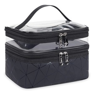 Makeup Bag Cosmetic Bag Travelling Double Layer Make Up Bag Organizer Medium Case for Women Girls Reusable Toiletry Bags(Black) - 1 of 4