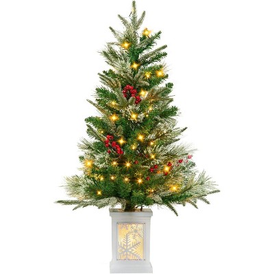 Artificial Christmas Tree Tabletop, Flocked Potted Christmas Tree with Berry Clusters, Battery Operated, for Front Door, Porch