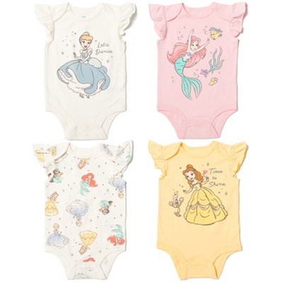 Disney Princess Ariel Cinderella Belle Infant Baby Girls 4 Pack Cuddly Ring Snap Bodysuits White / Pink / Yellow 12 Months