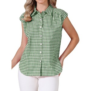 INSPIRE CHIC Women's Turndown Collar Cap Sleeve Summer Check Plaid Vintage Button Up Blouses - 1 of 4