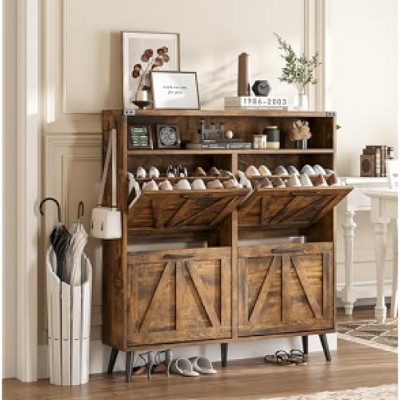 Shoe Storage Cabinet, Farmhouse Shoe Organizer with 4 Flip Drawers and Barn Door Design