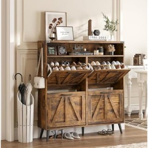 Shoe Storage Cabinet, Farmhouse Shoe Organizer with 4 Flip Drawers and Barn Door Design - 1 of 4