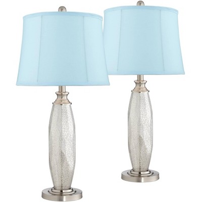 360 Lighting Coastal Modern Table Lamps Set of 2 Mercury Glass Nickel Light Blue Softback Drum Shade for Living Room Bedroom House