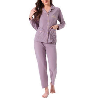 INSPIRE CHIC Women's Lounge Set Cotton Ribbed Button Up Long Sleeve Pants Pattern with Pocket Pajama Set Loungewear