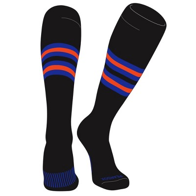 PEAR SOX Striped OTC Baseball, Softball, Football Socks (F) Black, Royal, Orange (XL)