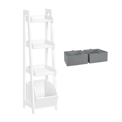 RiverRidge Amery 4-Tier 13in Ladder Shelf with Display Shelf and Storage Organizer Bin - White with 2 5in Fabric Bins
