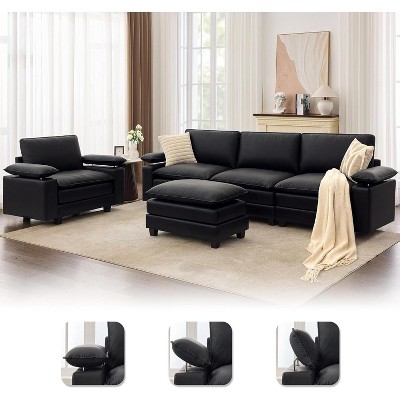 TYBOATLE 122" Leather Sectional Sofa Set, Comfy Modular Couch with Chairs, Deep Seat & Adjustable Armrest for Living Room, Apartment, Office, Studio