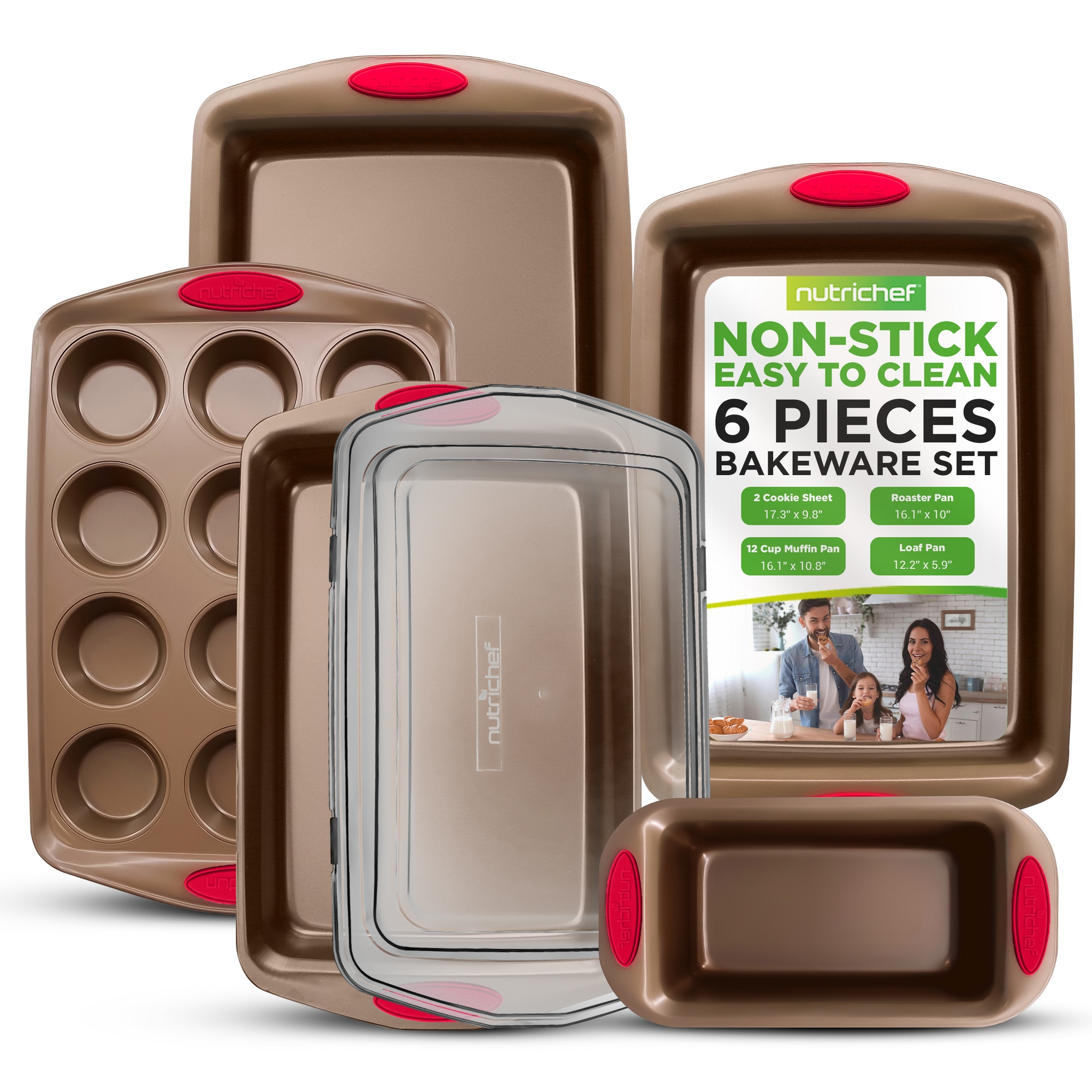 NutriChef 6-Piece Baking Pan Set - PFOA, PFOS, PTFE Free Flexible Nonstick Golden Coating Carbon Steel Bakeware - Professional Home Kitchen Bake