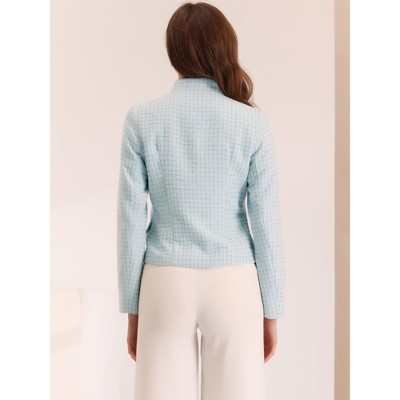 INSPIRE CHIC Women's Plaid Tweed Long Sleeve Button Down Work Office Short Jacket Light Blue Medium — фото 4