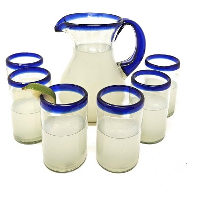 Dos Sueños Mexican Hand Blown Glassware Combo Set - Blue Rim Pitcher and Drinking Glasses