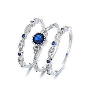 14K White Gold Sapphire Bezel French Miligrain Ring Set - 1 of 4