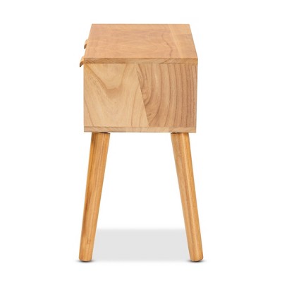 Mid-Century Oak Brown Wood Console Table with Rattan Drawers