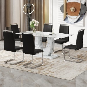 NicBex Dining Table Set for 6 Kitchen Table Modern Simple Marble Pattern Dining Set Tempered glass Tabletop with 6 PU Chairs - 1 of 4