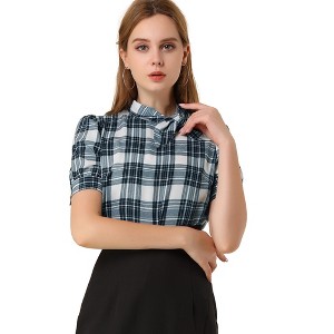 INSPIRE CHIC Women's Tie Neck Short Sleeve Plaid Blouse - 1 of 4