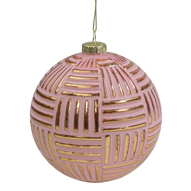 Northlight Pink and Gold Striped Matte Glass Christmas Ball Ornament 4" (100mm), 1 of 4