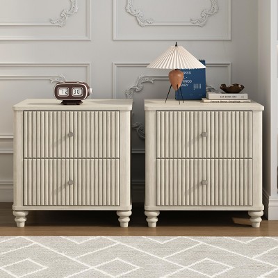 INFURNIC Nightstands Fluted Nightstand 2 Piece Set with 3 Drawers Metal Handles for Bedroom Living Room Storage, Beige, 21.65"*17.72"*22.05"