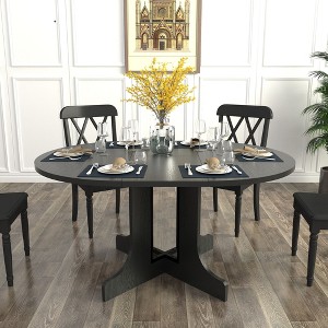 Okak 59x43IN Farmhouse Dining Table with X Shaped Base, Expandable Kitchen Table with Removable Leaf Trestle, Round Table for Dining Room, Black - 1 of 4