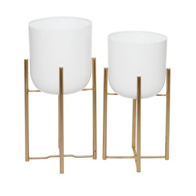 Set of 2 Indoor Metal Planters with Stand and Pots White/Gold - CosmoLiving by Cosmopolitan