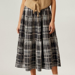 Anna-Kaci Women's High Waist Plaid Midi Skirt with Soft Textured Fabric and Tiered A-Line Silhouette - 1 of 4
