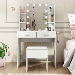 Vanity Desk with LED Lighted Mirror and 3 Adjustable Lights,  Makeup Vanity with Storage Stool, 2 Large Drawers and 4 Open Shelves - 1 of 4