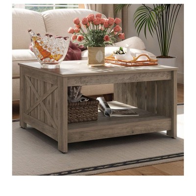 Farmhouse Square Coffee Table with Open Storage Compartment Wood Cocktail Table For Living Room Organizer Grey