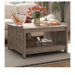 Farmhouse Square Coffee Table with Open Storage Compartment Wood Cocktail Table For Living Room Organizer Grey - 1 of 4