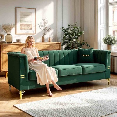 Modern Velvet Sofa with 2 Pillows and Gold Metal Legs, Luxurious 3-Seater Cloud Sofa for Living Room, Office, or Apartment – The Pop Home