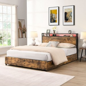 Okak Queen Platform Bed Frame with Storage Headboard, Bed with Charger Station LED Light, No Box Spring Needed Noise-Free Metal Slats, Brown - 1 of 4