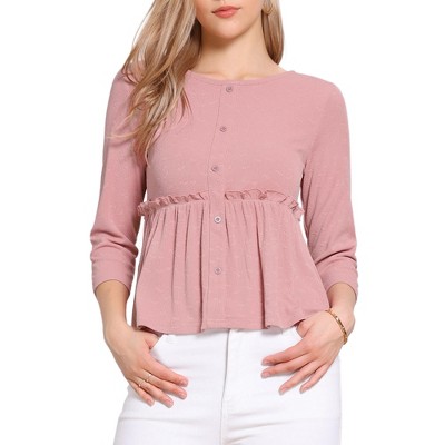 INSPIRE CHIC Women's Crew Neck 3/4 Sleeve Ruffle Button Down Blouses