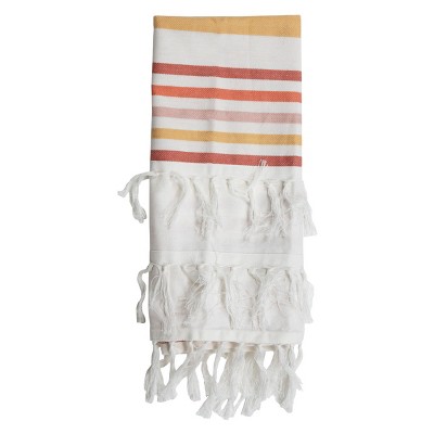 Yellow Striped 27 x 18 Inch Woven Kitchen Tea Towel with Hand Sewn Fringe - Foreside Home & Garden