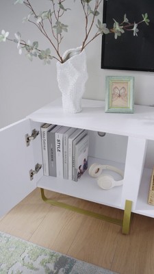 Light Taupe Modern 3-Door TV Stand with Gold Accents