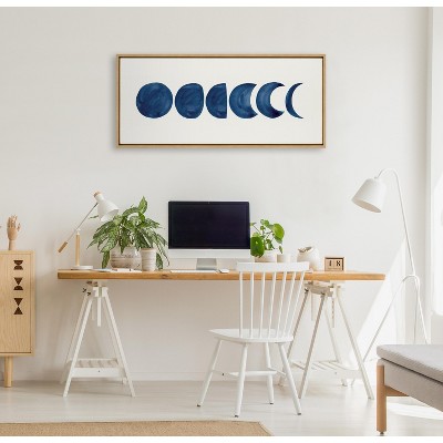 Linear Moon Phases Blue Canvas Print with Natural Frame