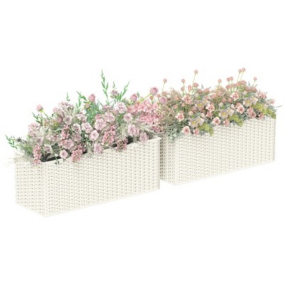 Outsunny Railing Planter Box (2 Pack, 20 Inch), Hanging Flower Pots with Hooks, Drainage Holes for Fence, Balcony, Garden, Patio, Rattan Look